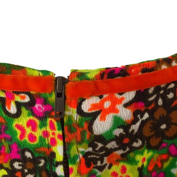 Vintage 60s Floral Orange Green Brown Empire Waist Midi Dress Velvet Ribbon - Picture 6 of 8